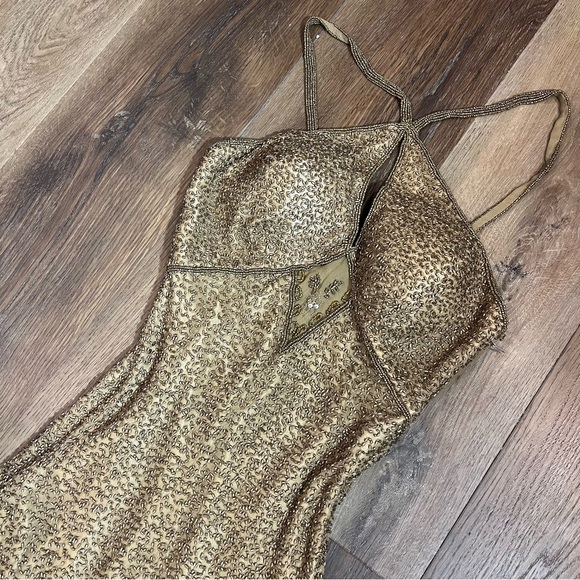 Vintage 100% Silk Beaded Dress Gold Beaded Dress Train Sheer Silk Fairy Prom - Picture 7 of 17